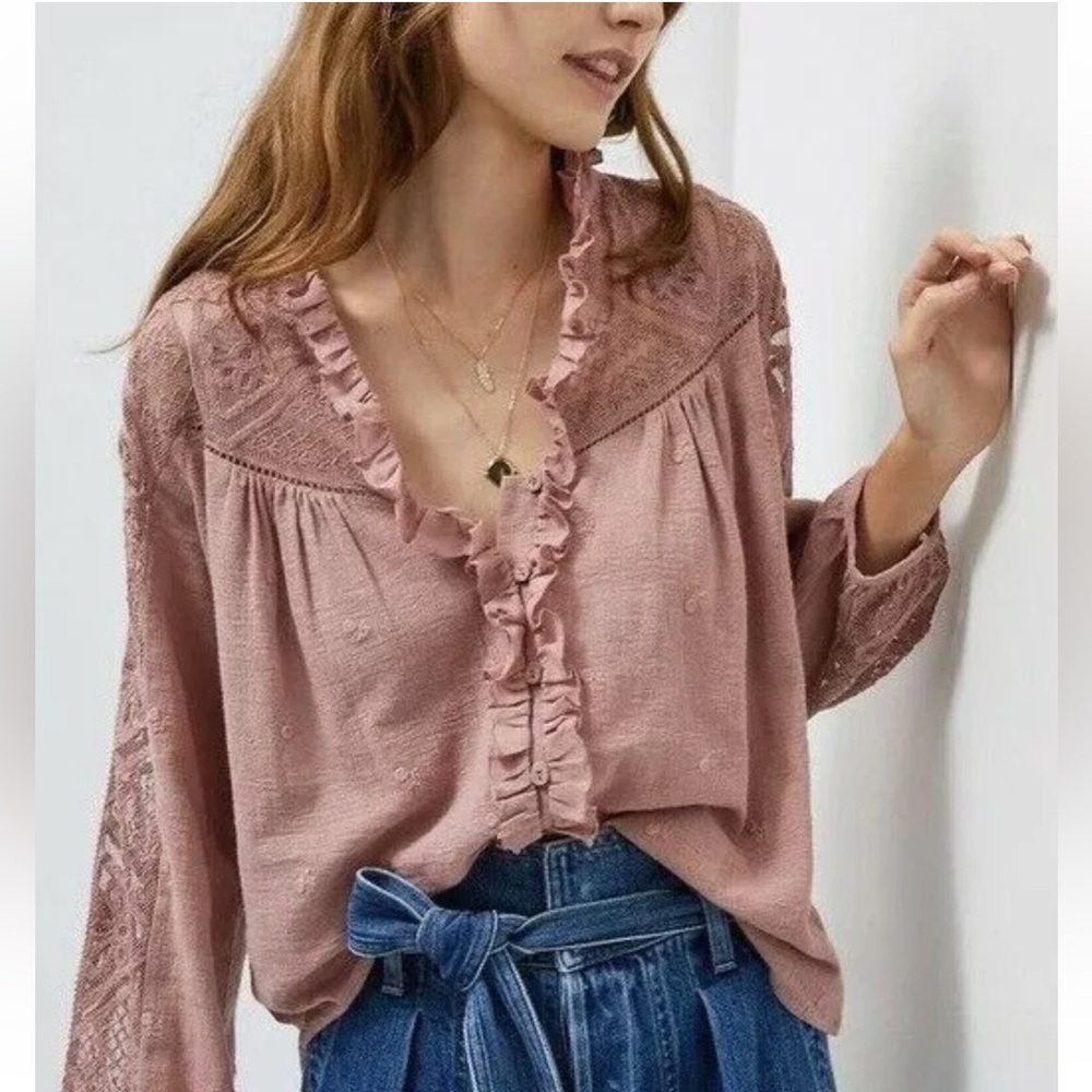 EUC Anthropologie Stephine Lace Buttondown Peasant Boho Blouse Top Rose Pink…
